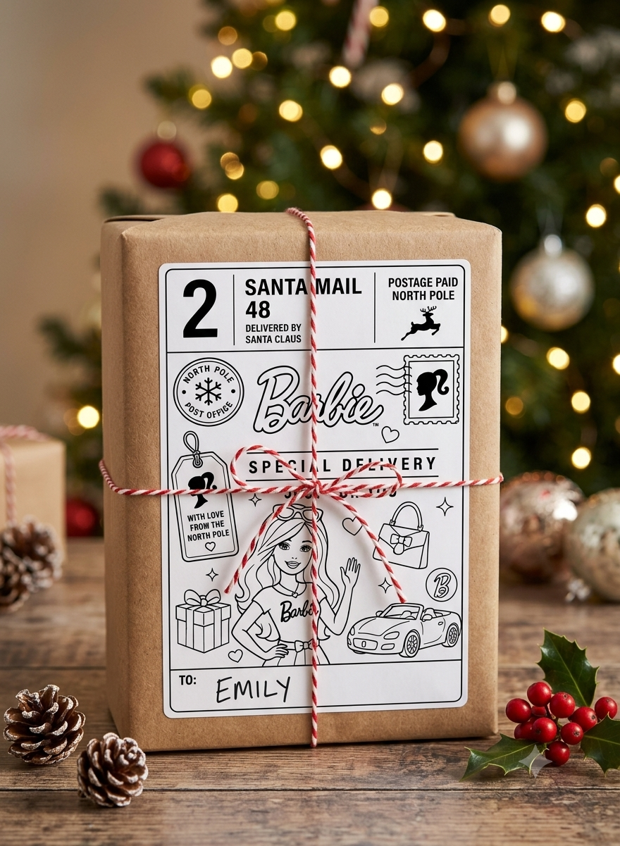 10x Barbie Santa Delivery Parcel Labels North Pole Christmas Stickers