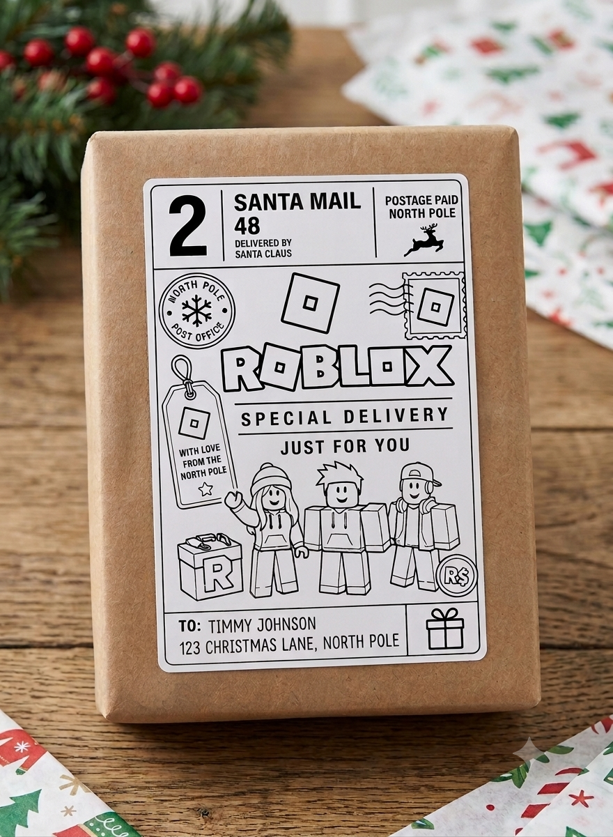 Roblox Santa Delivery Labels Personalised | 10 Xmas Parcel Stickers